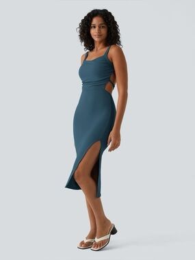 Halara Ruched Lace Up Bodycon Midi Casual Dress | Majolica Blue